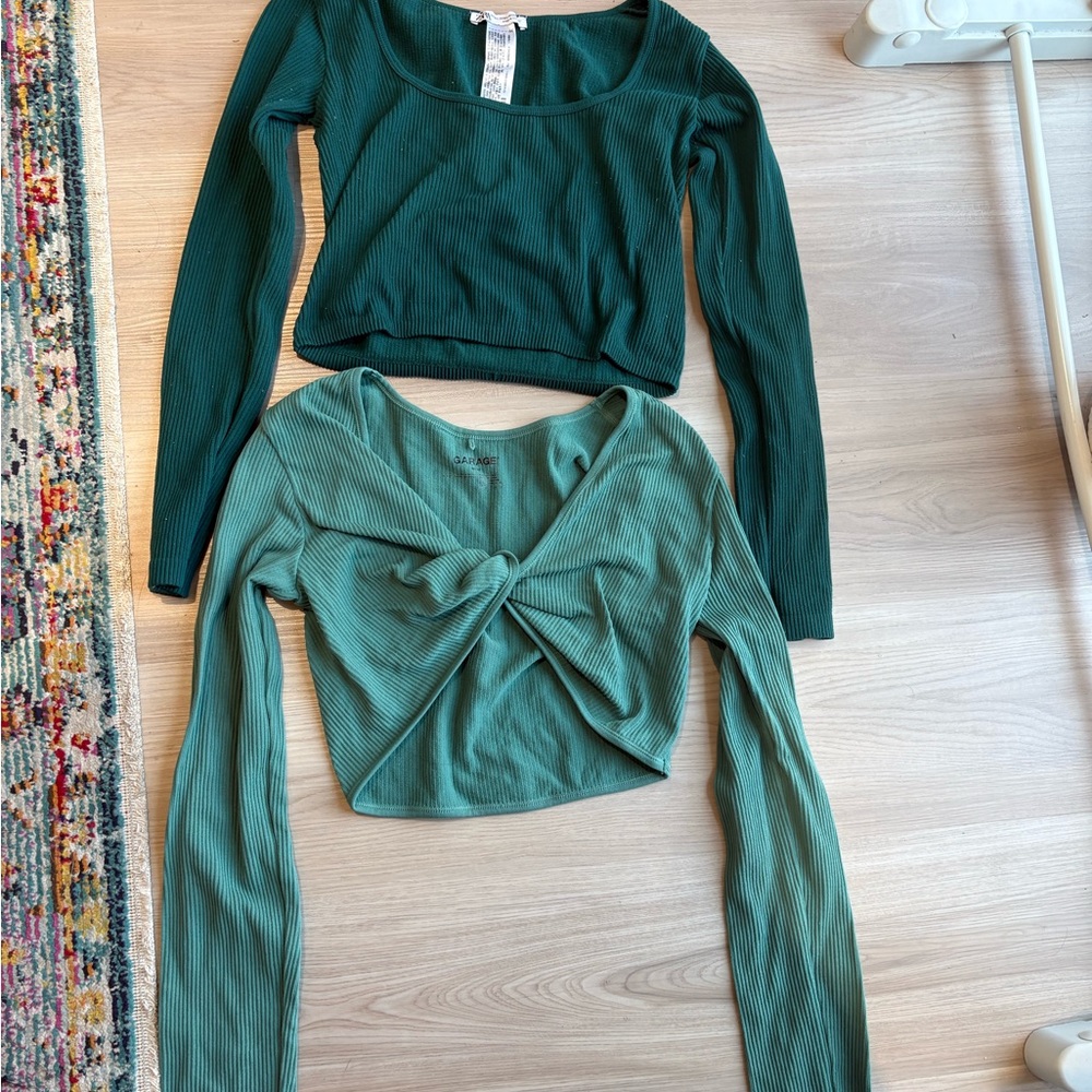 Green Ribbed Long Sleeve Tops